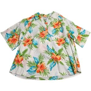 Cathy Daniels Tropical Floral Clip Dot Blouse Women's Size 1X White Short Sleeve